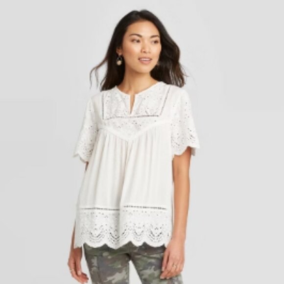 Knox Rose White Eyelet Top Women’s Small Boho Short Sleeve Peasant Blouse NWT - Picture 1 of 8